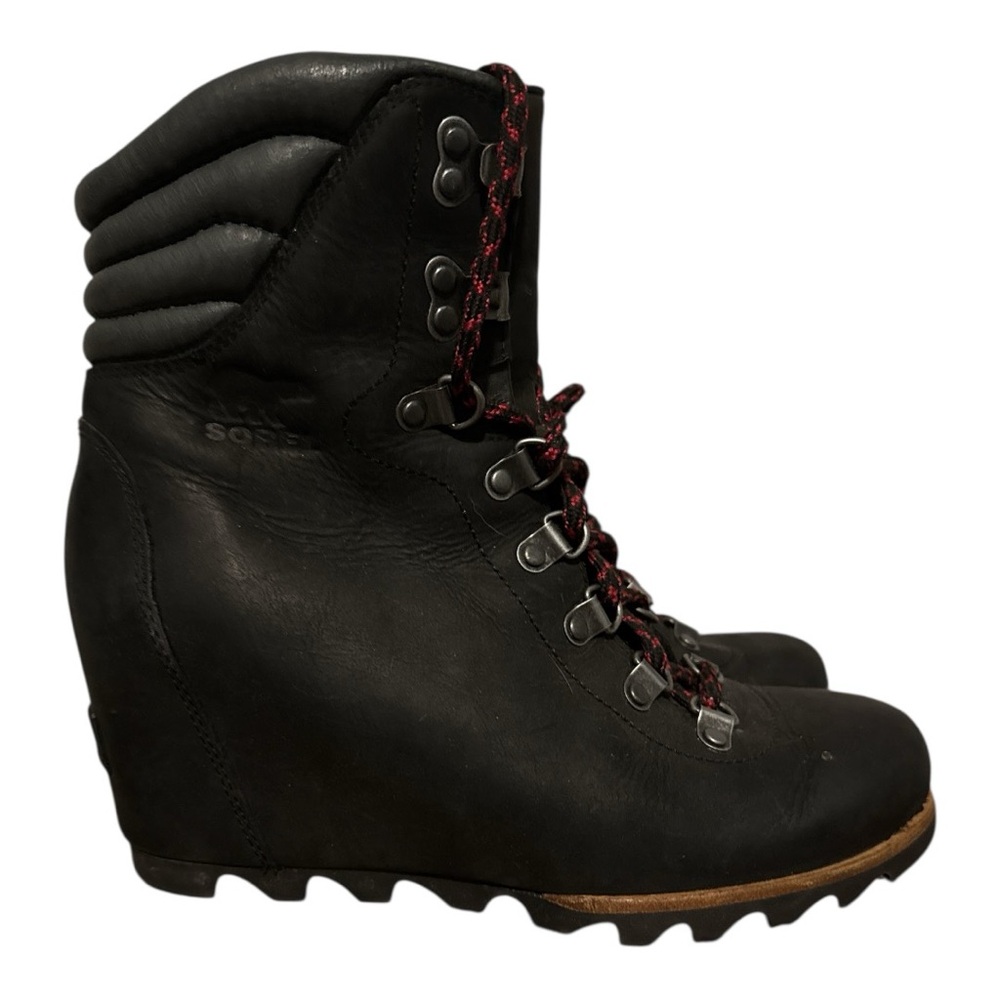 Sorel Black Lace Up Wedge Boots with Weatherproof Design - Picture 3 of 10
